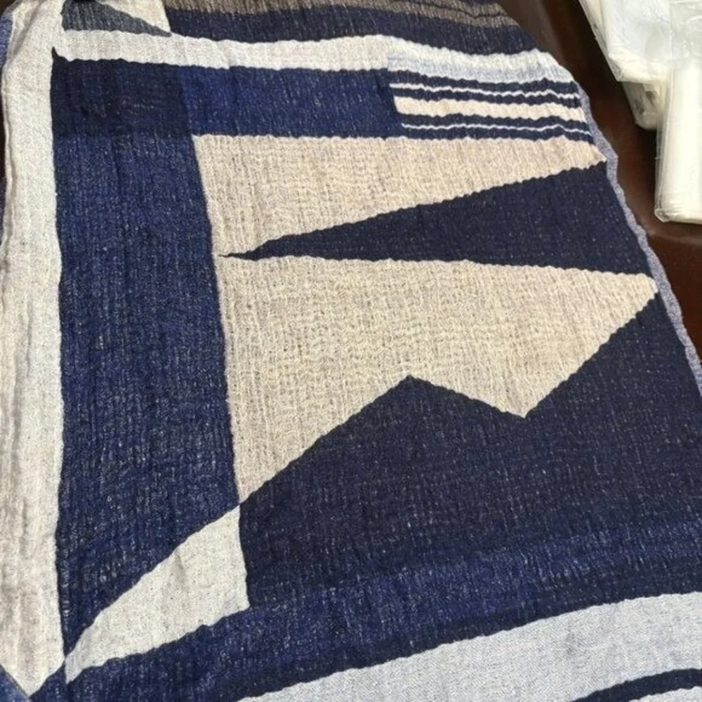 Wilfred Blue Striped Wool Rectangular Scarf Fringe Trim 29x76 Inch